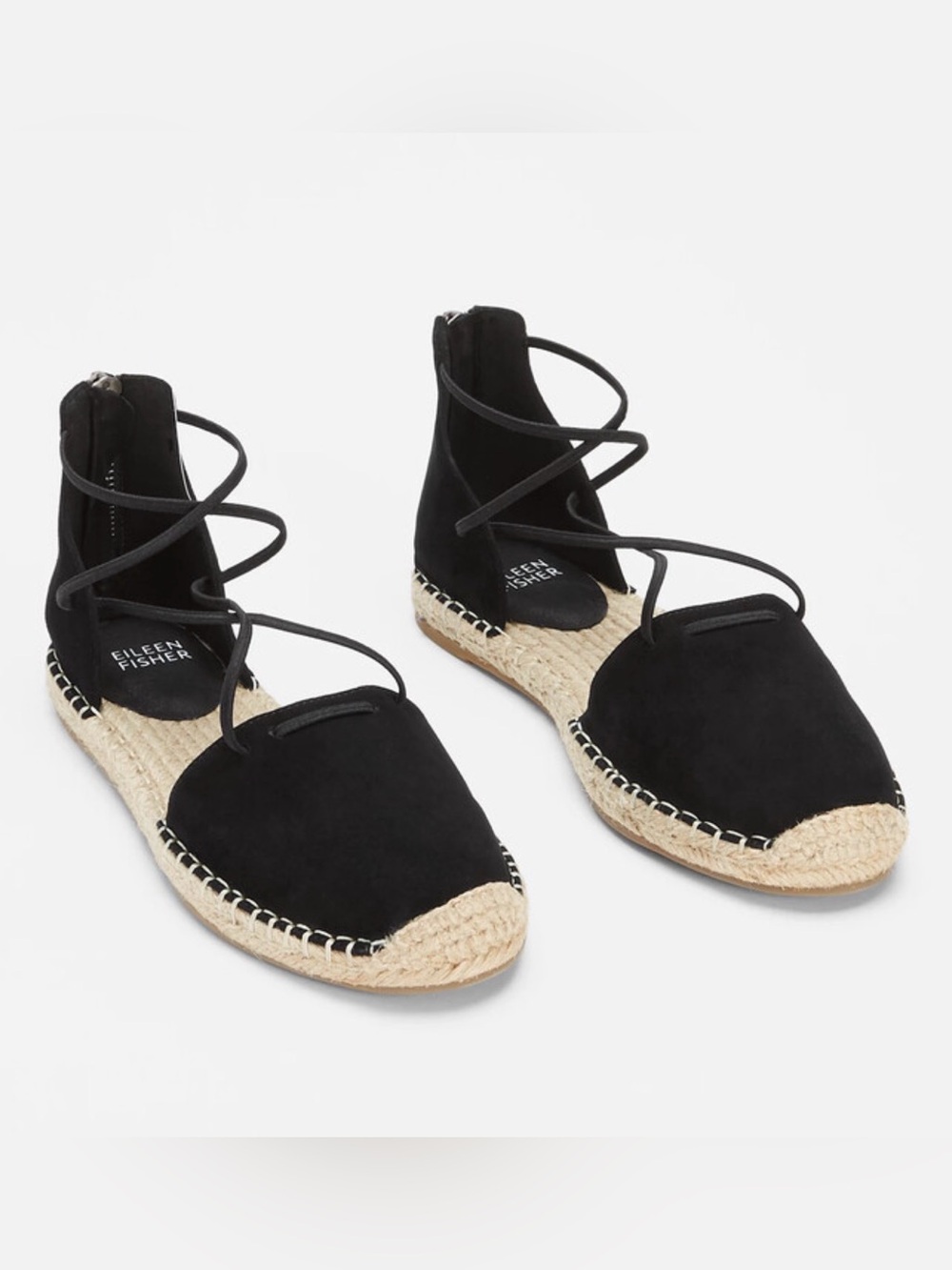Eileen Fisher Black Suede Lace-Up Leather Espadrille Sandals